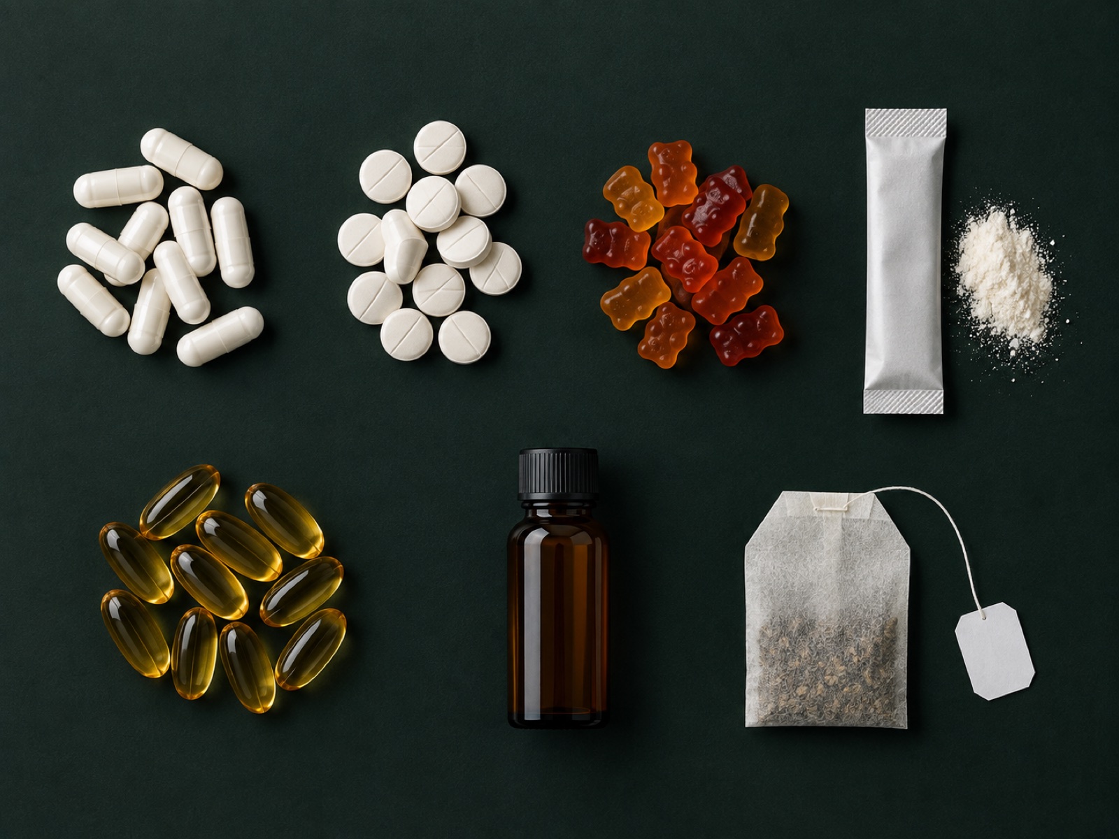 Studio flat-lay of capsules, tablets, gummies and other formats
